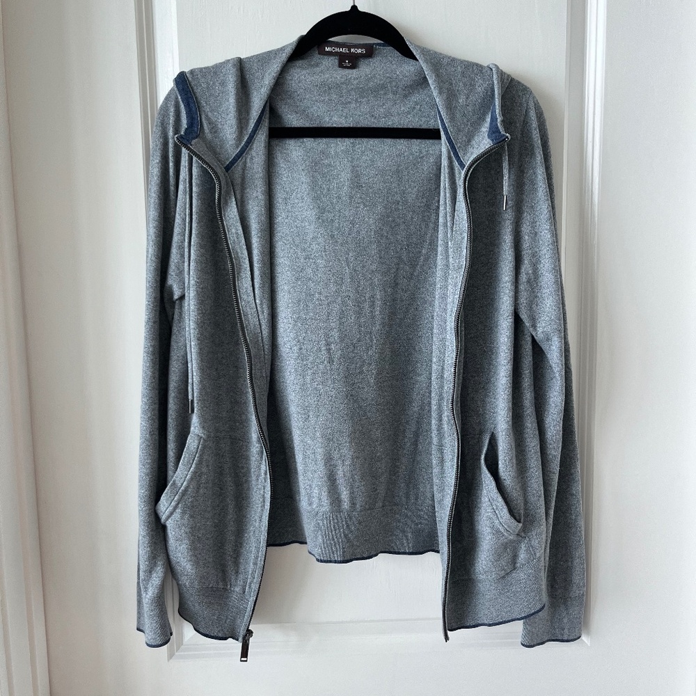 Michael Kors Gray Cotton Zip Hoodie Size M – Soft Knit Lightweight Sweater